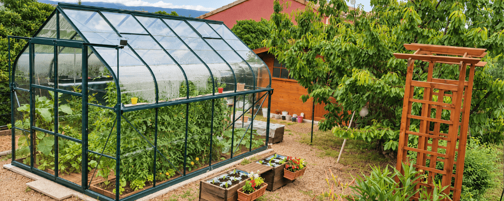 Serre Aloé LAMS verte avec des cultures potagères à l’intérieur, entourée d’arbres et de jardinières fleuries.
